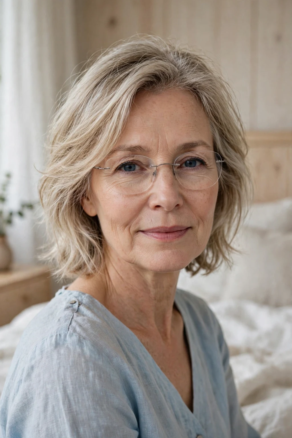 Elegant older woman over 50 with fine hair and glasses and airy medium cut, light feathered texture, fresh light.