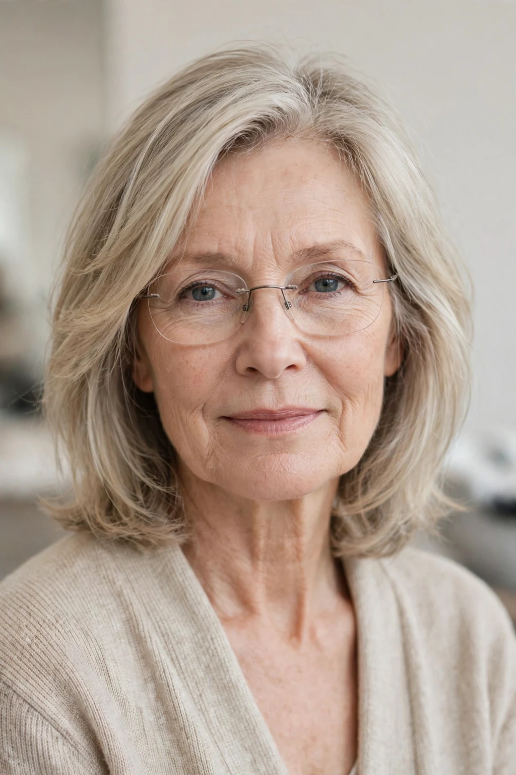 Elegant woman over 60 with fine hair and glasses and airy medium cut, light feathered texture, fresh light.