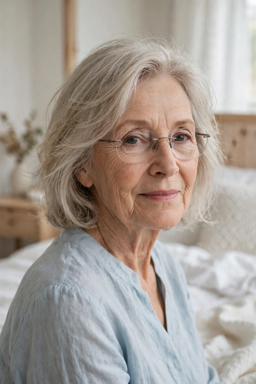Elegant older woman over 70 with fine hair and glasses and airy medium cut, light feathered texture, fresh light.