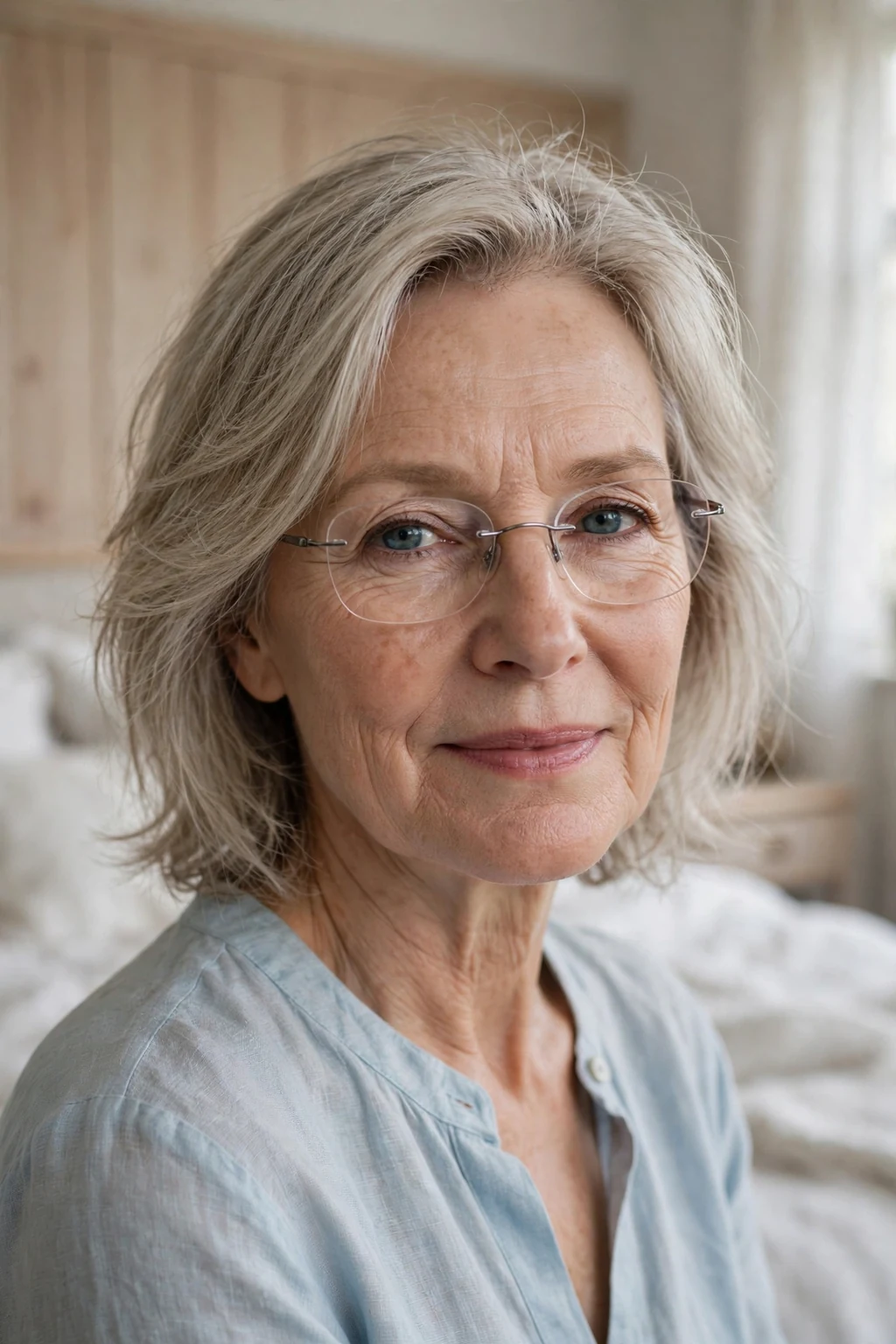 Elegant woman over 60 with fine hair and glasses and airy medium cut, light feathered texture, fresh light.
