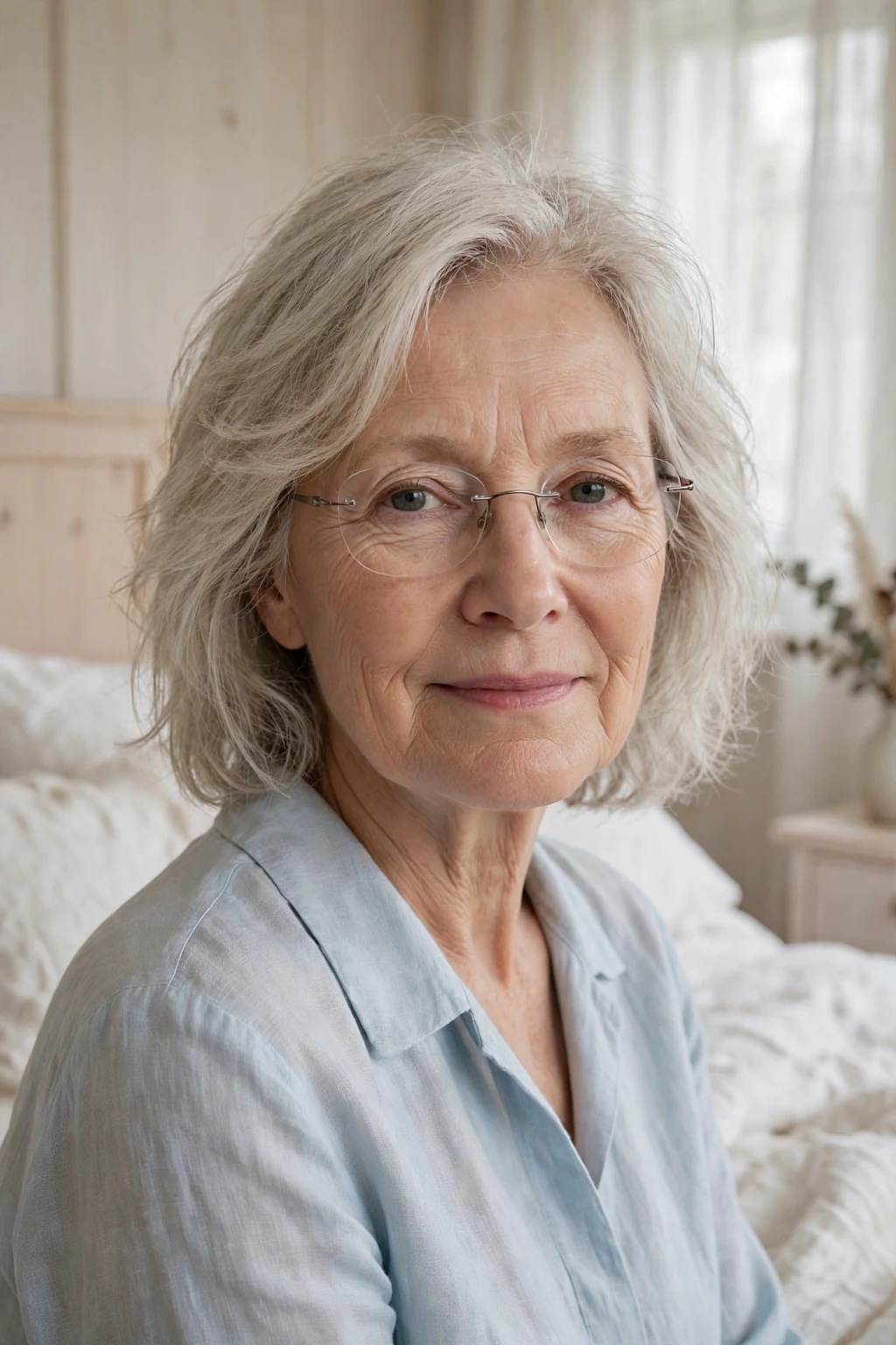 Elegant woman over 60 with fine hair and glasses and airy medium cut, light feathered texture, fresh light.