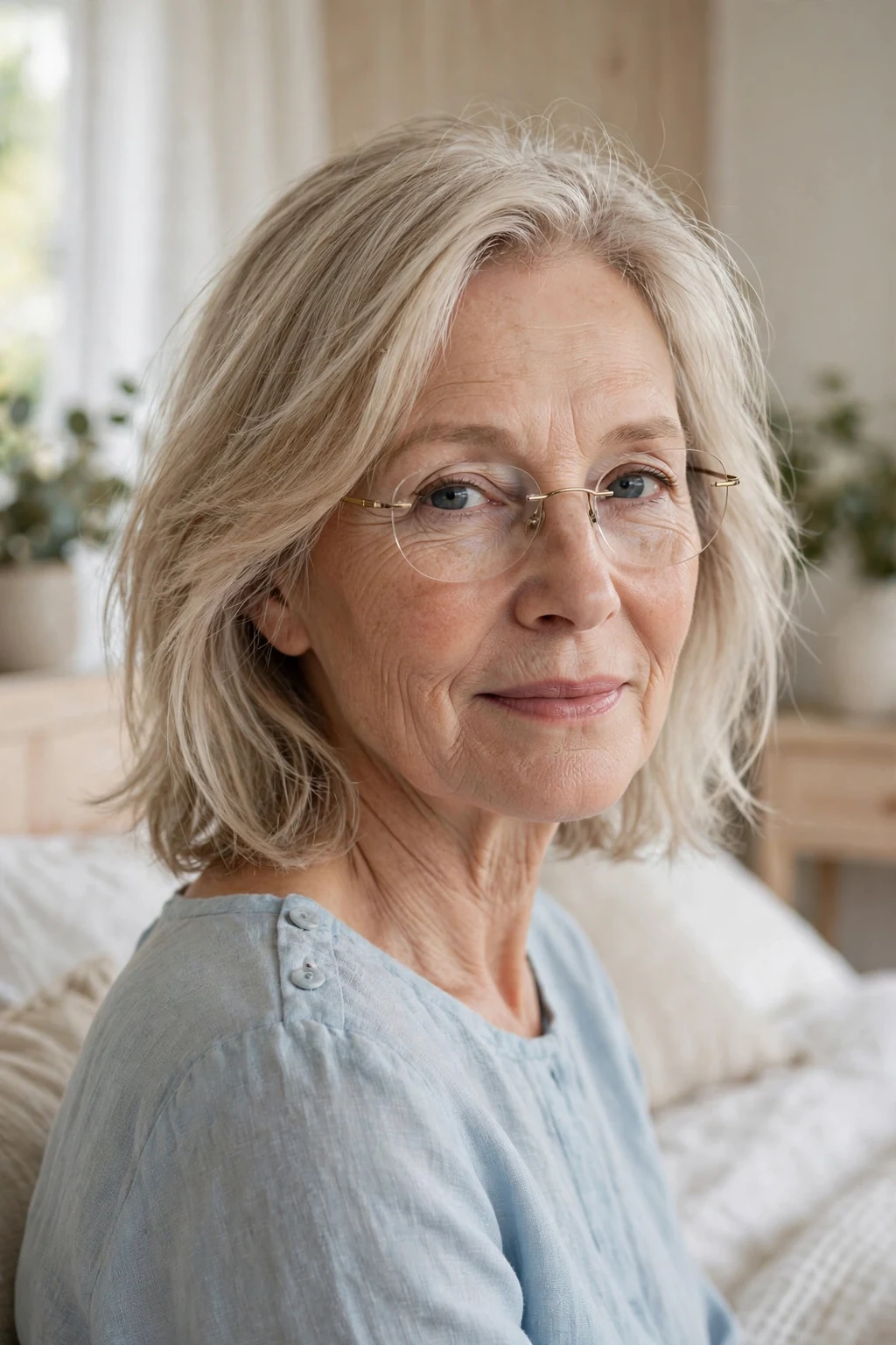 Elegant older woman with fine hair and glasses and airy medium cut, light feathered texture, fresh light.