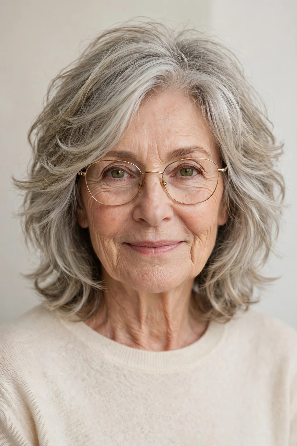 Elegant older woman with glasses and airy medium cut, light feathered texture, fresh light.