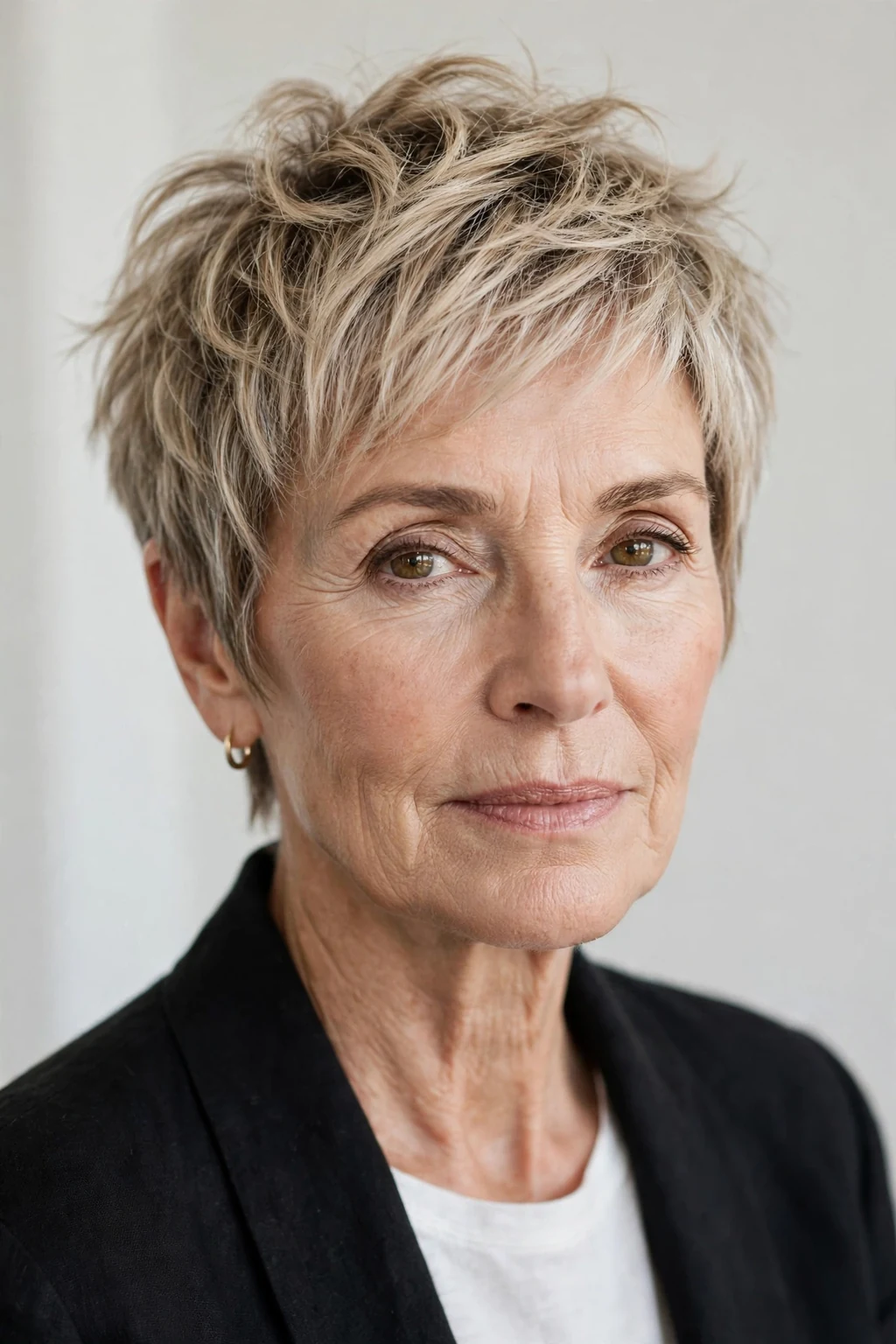 Elegant woman over 50 with airy pixie, light feathered texture, fresh light.