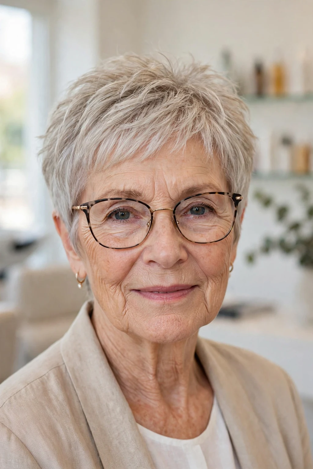 Elegant woman over 60 with glasses and airy pixie, light feathered texture, fresh light.