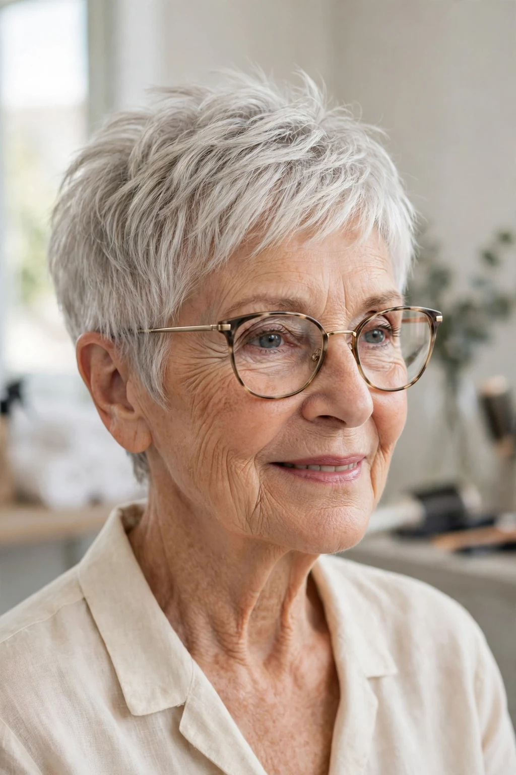 Elegant woman over 70 with glasses and airy pixie, light feathered texture, fresh light.