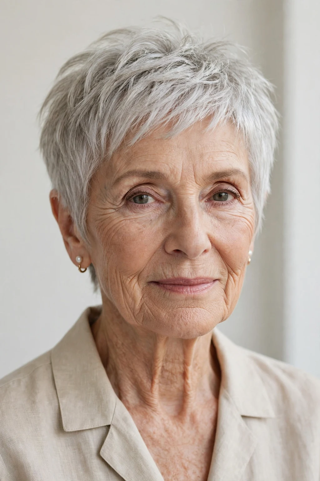 Elegant woman over 70 with airy pixie, light feathered texture, fresh light.