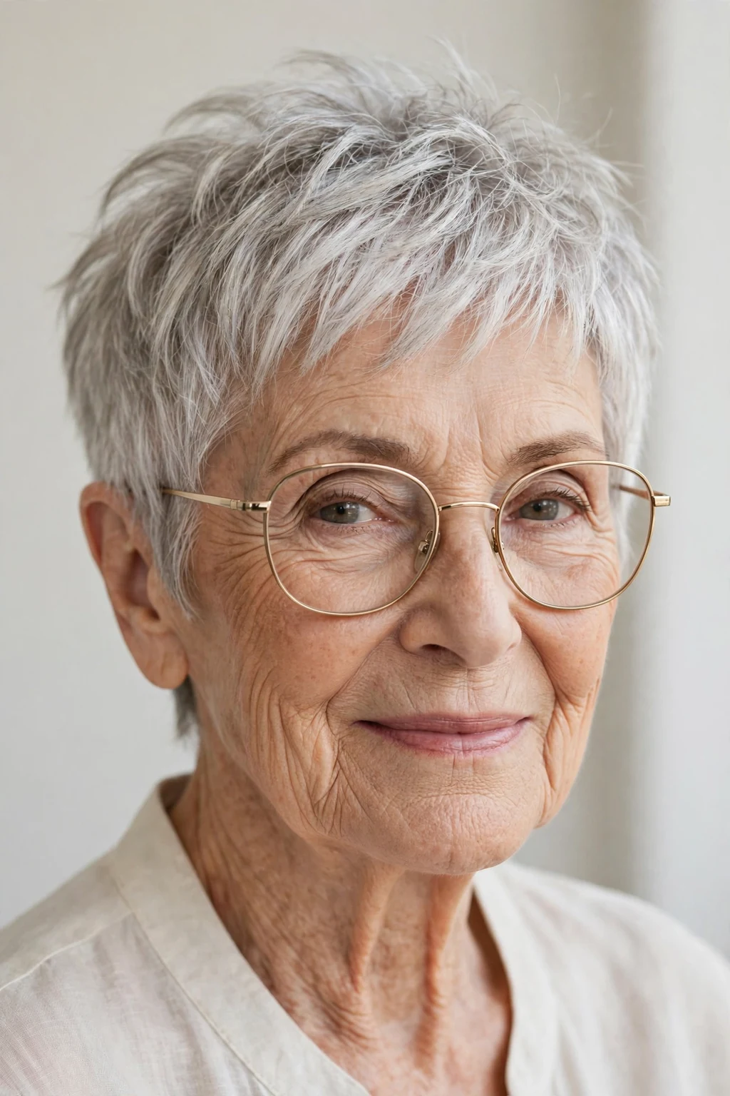Elegant woman over 80 with glasses and airy pixie, light feathered texture, fresh light.