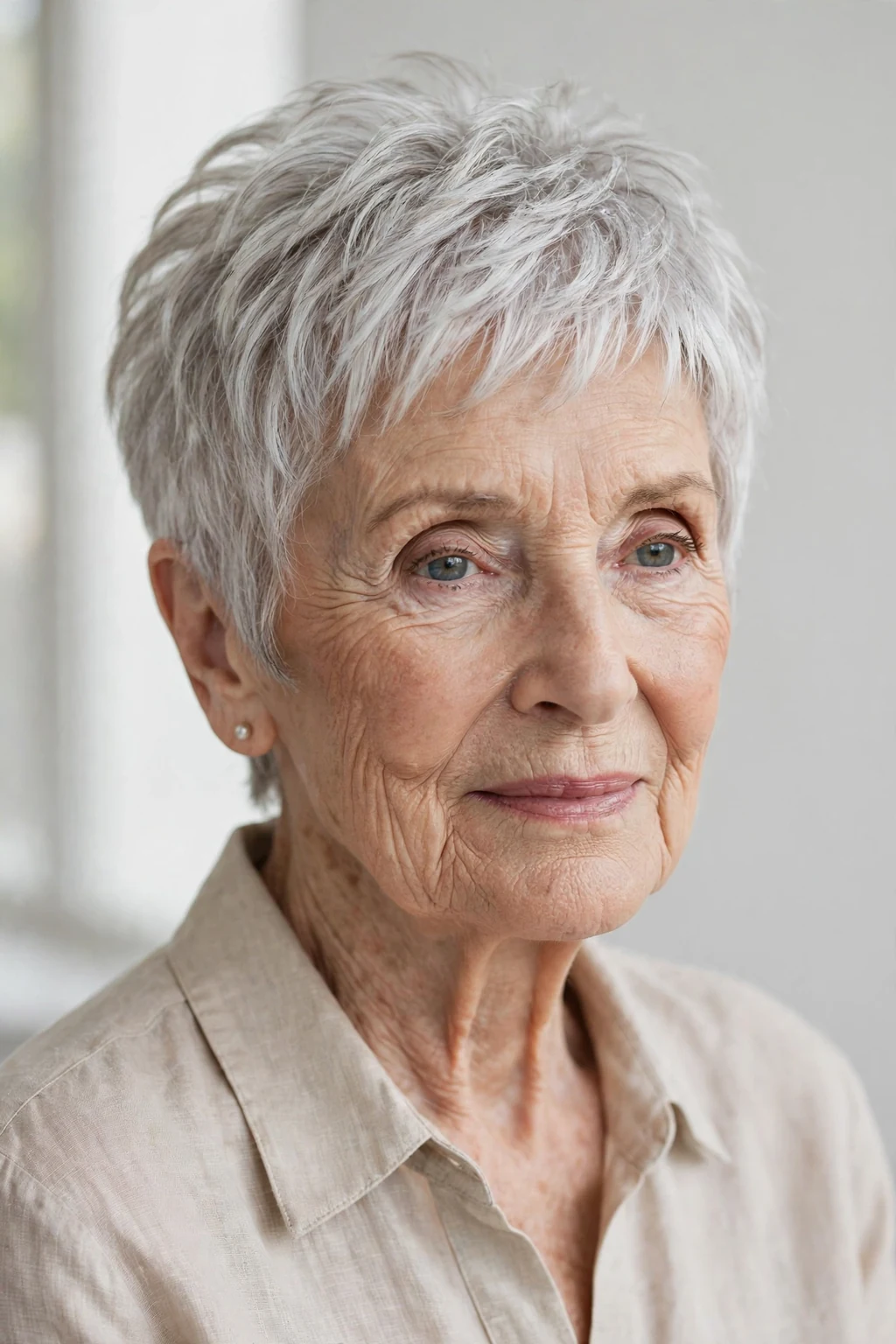 Elegant woman over 80 with airy pixie, light feathered texture, fresh light.