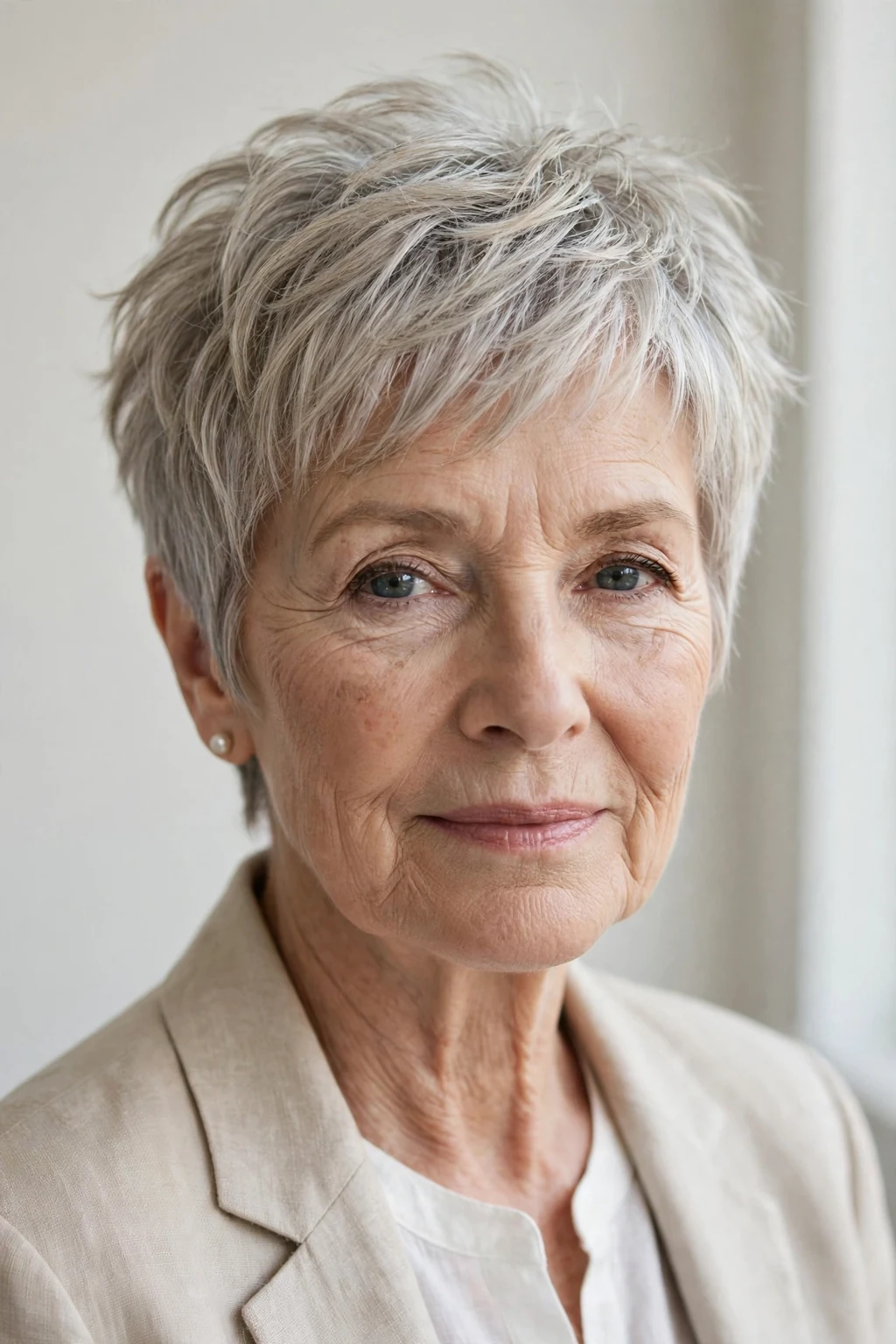 Elegant woman over 60 with airy pixie cut, light feathered texture, fresh light.