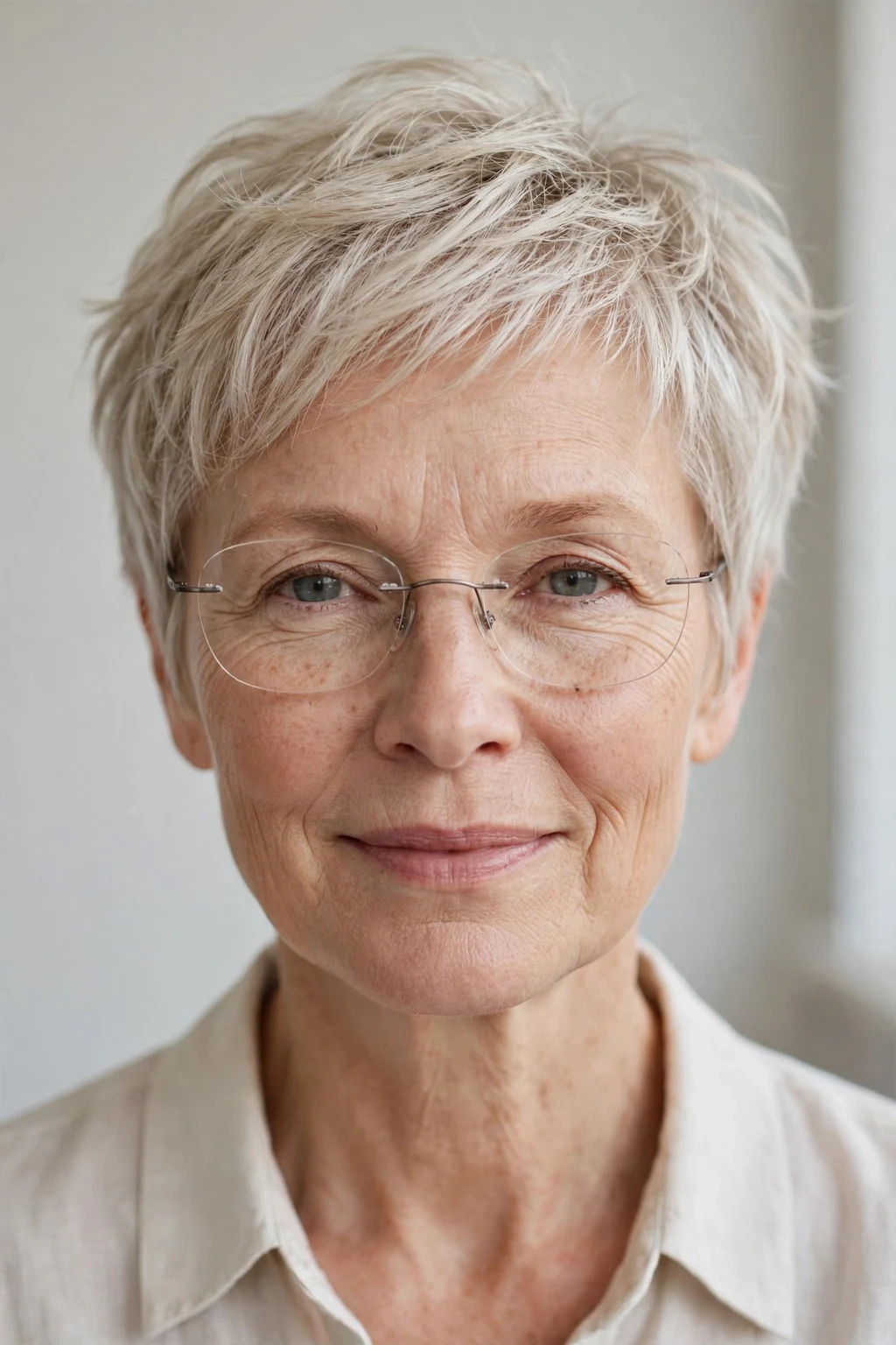 Elegant woman over 50 with fine hair and glasses and airy pixie, light feathered texture, fresh light.