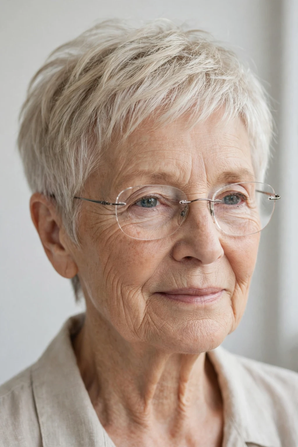 Elegant older woman with fine hair and glasses and airy pixie, light feathered texture, fresh light.