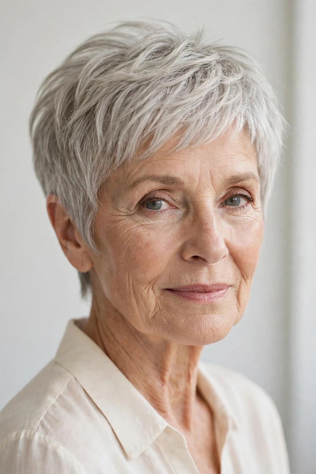 Elegant older woman with airy pixie, light feathered texture, fresh light.