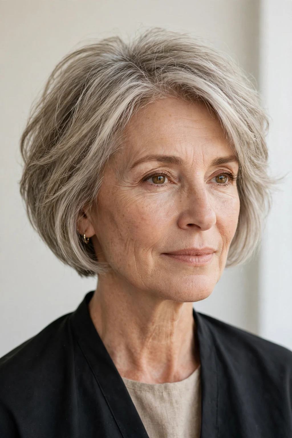 Elegant woman over 50 with airy short bob, light feathered texture, fresh light.
