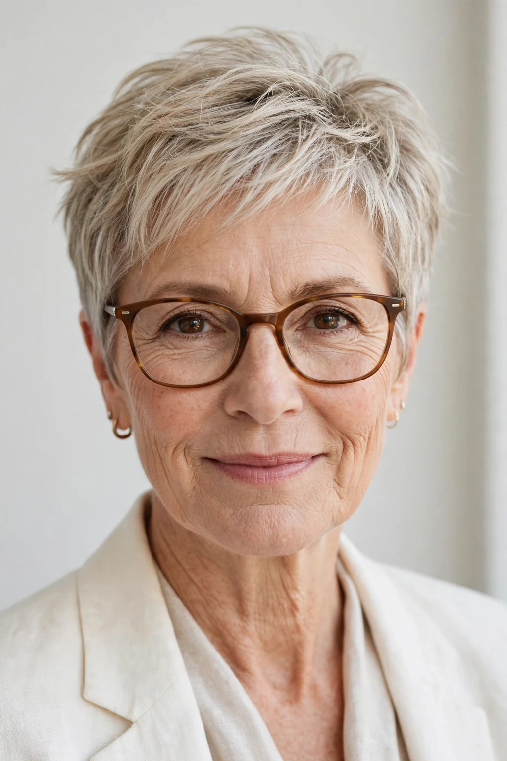 Elegant woman over 50 with glasses and airy short cut, light feathered texture, fresh light.