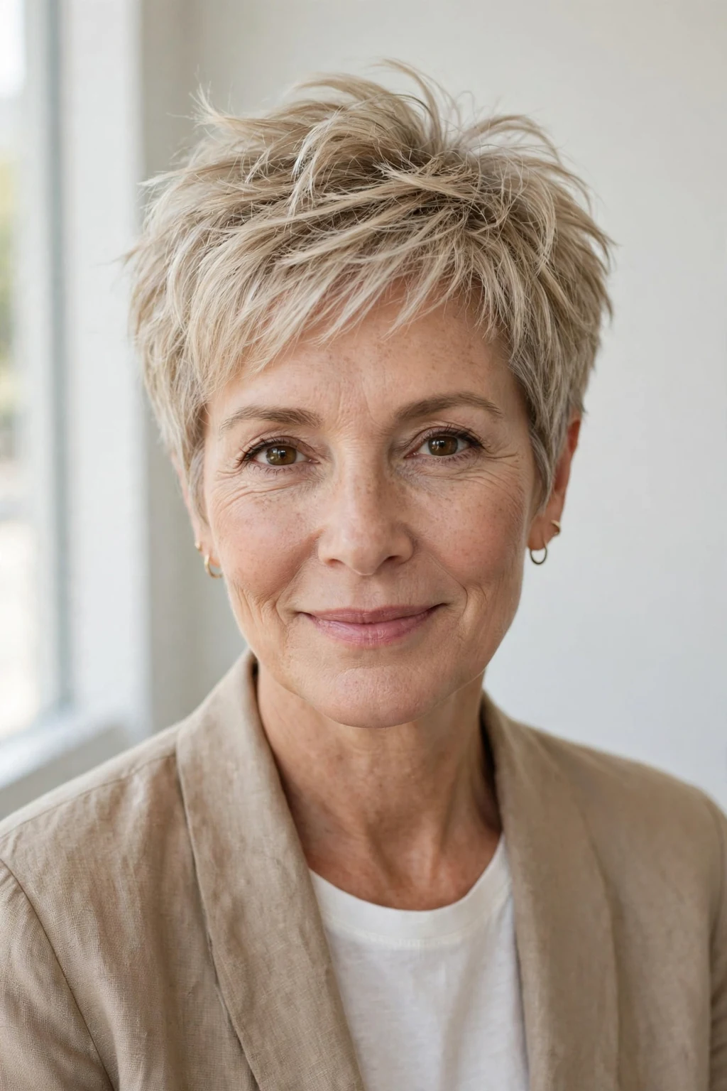 Elegant woman over 50 with airy short cut, light feathered texture, fresh light.