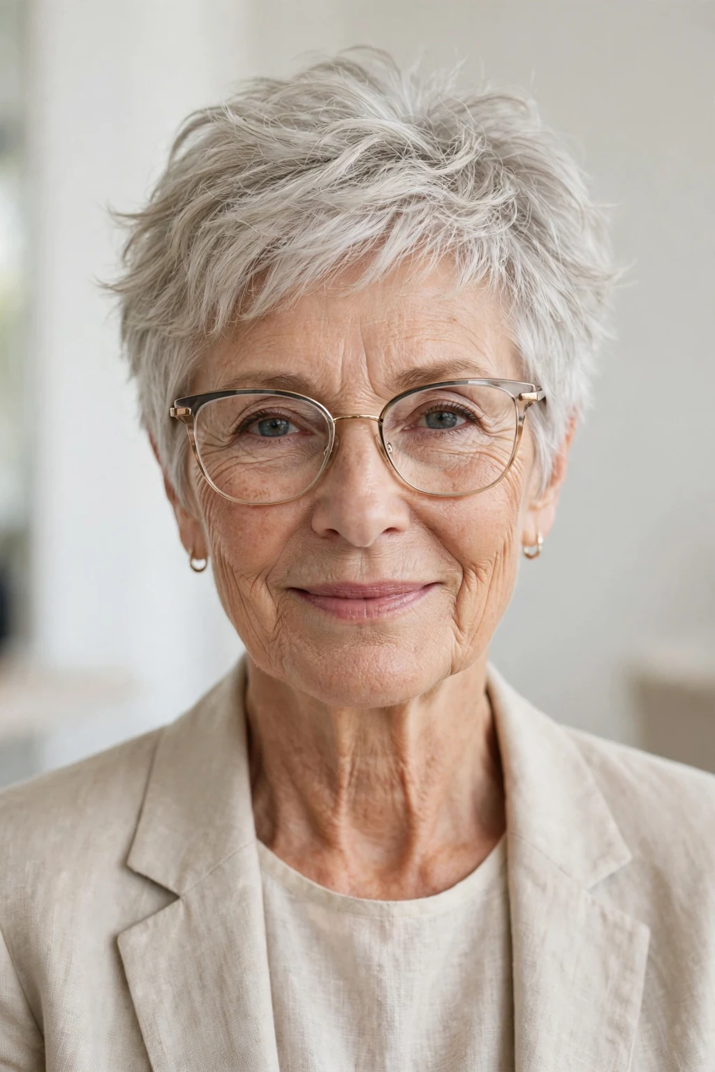 Elegant woman over 60 with glasses and airy short cut, light feathered texture, fresh light.