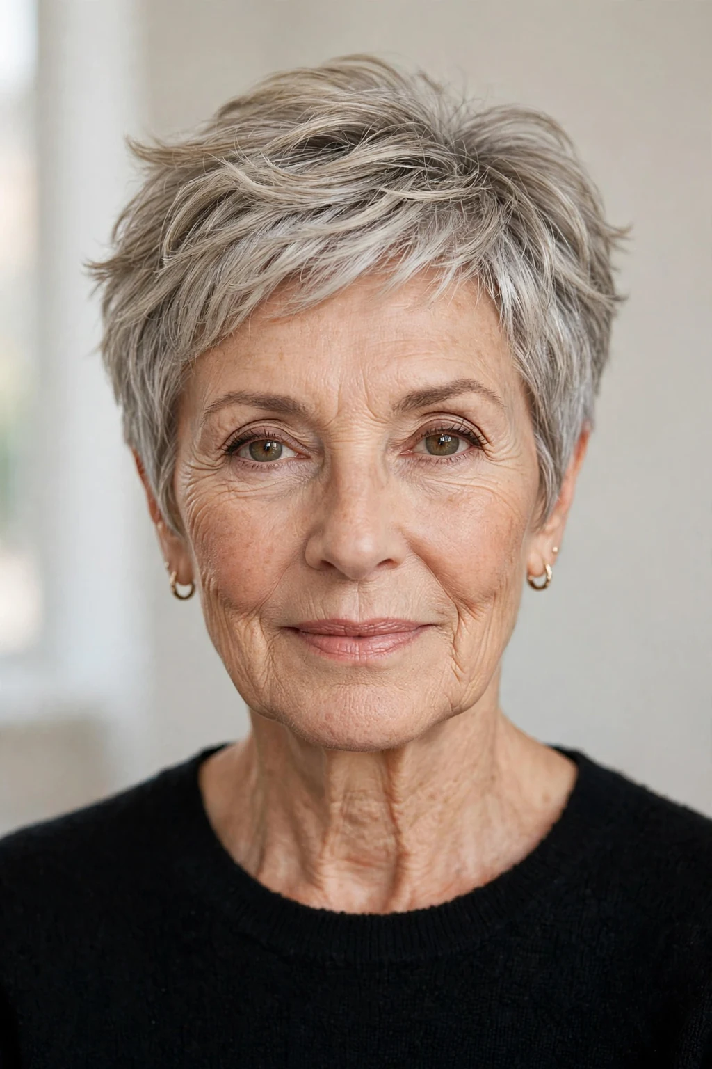 Elegant woman over 60 with airy short cut, light feathered texture, fresh light.