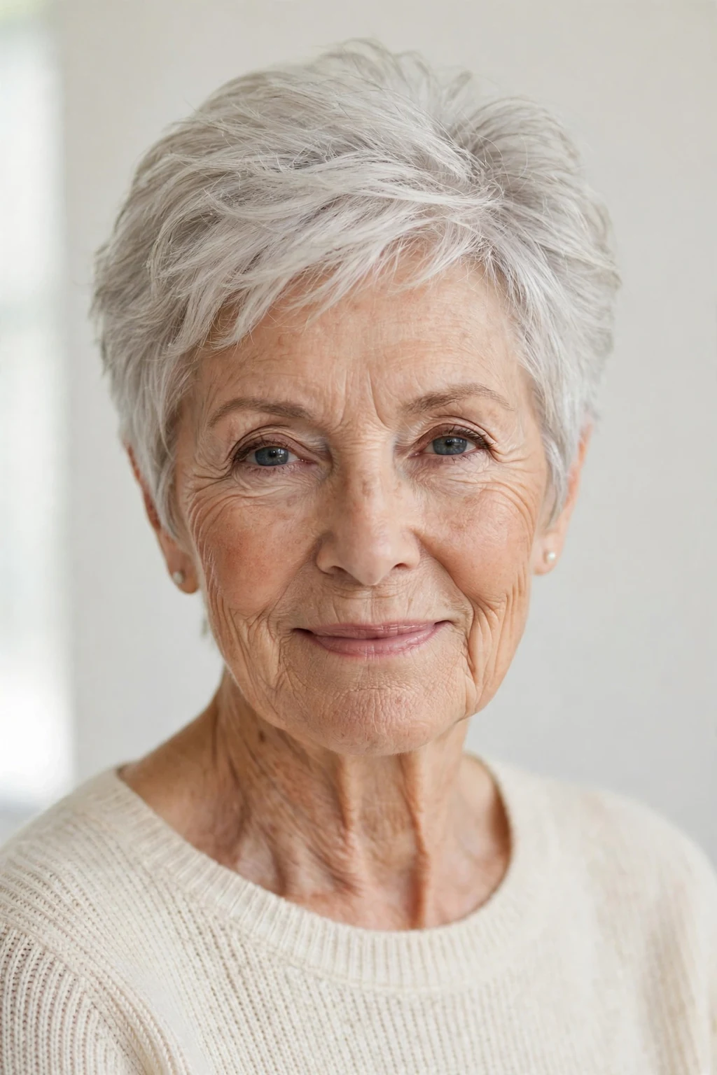 Elegant woman over 70 with airy short cut, light feathered texture, fresh light.
