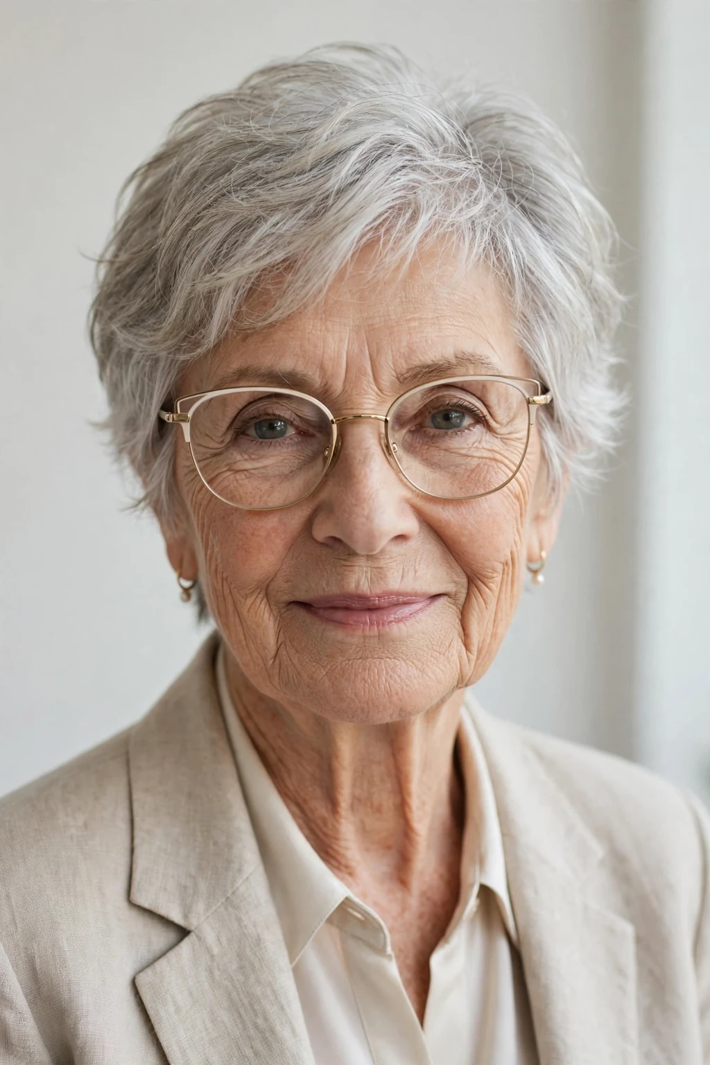 Elegant woman over 70 with glasses and airy short cut, light feathered texture, fresh light.