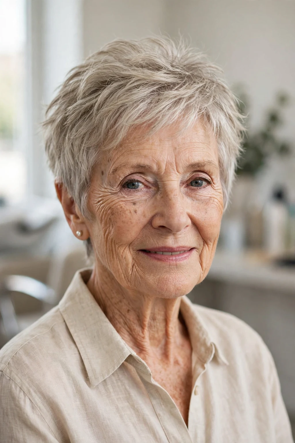 Elegant woman over 70 with airy short cut, light feathered texture, fresh light.