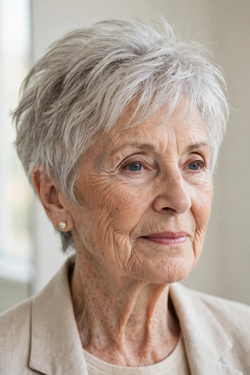 Elegant woman over 80 with airy short cut, light feathered texture, fresh light.
