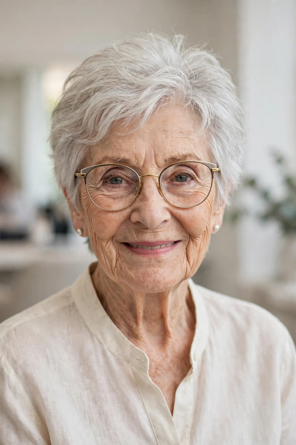 Elegant woman over 80 with glasses and airy short cut, light feathered texture, fresh light.