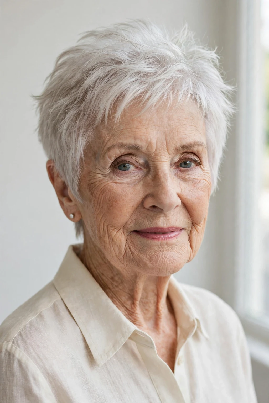 Elegant woman over 80 with airy short cut, light feathered texture, fresh light.