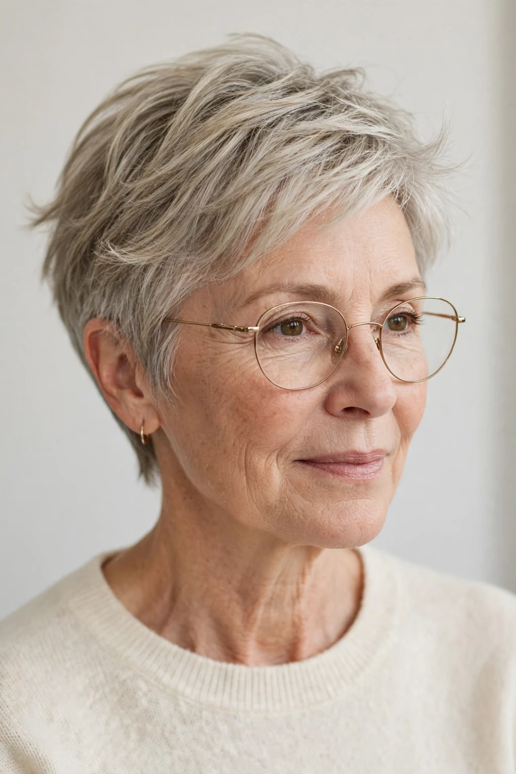 Elegant woman over 50 with glasses and airy short cut, light feathered texture, fresh light.