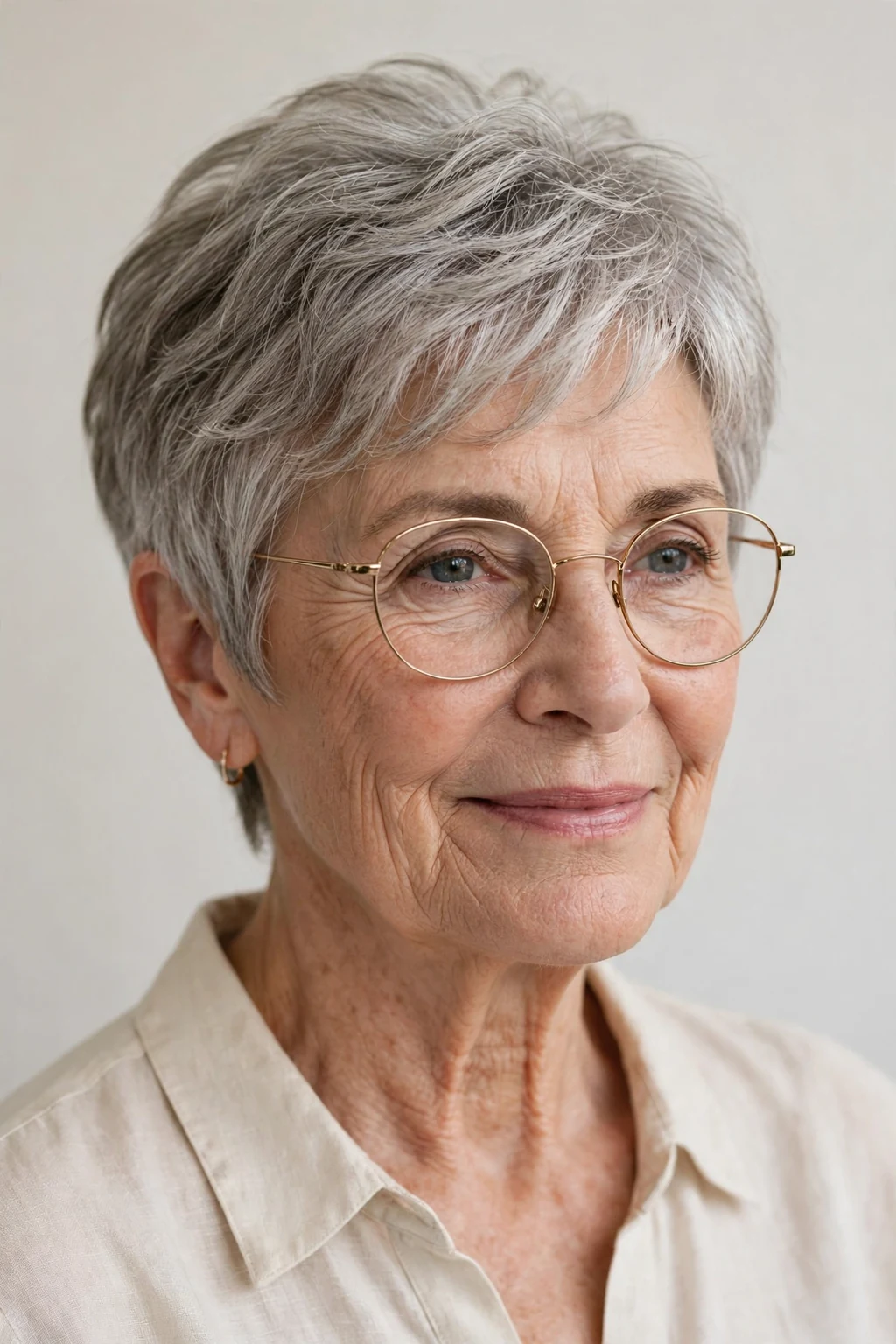 Elegant woman over 60 with glasses and airy short cut, light feathered texture, fresh light.