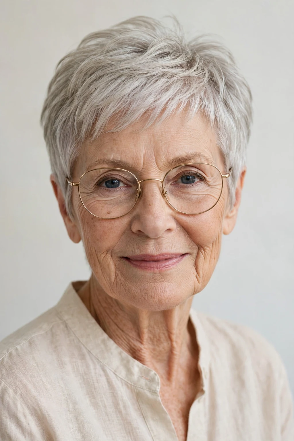 Elegant woman over 70 with glasses and airy short cut, light feathered texture, fresh light.