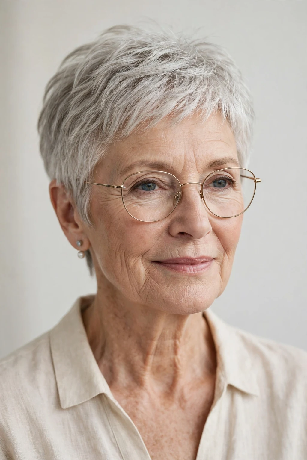 Elegant woman over 60 with fine hair and glasses and airy short cut, light feathered texture, fresh light.