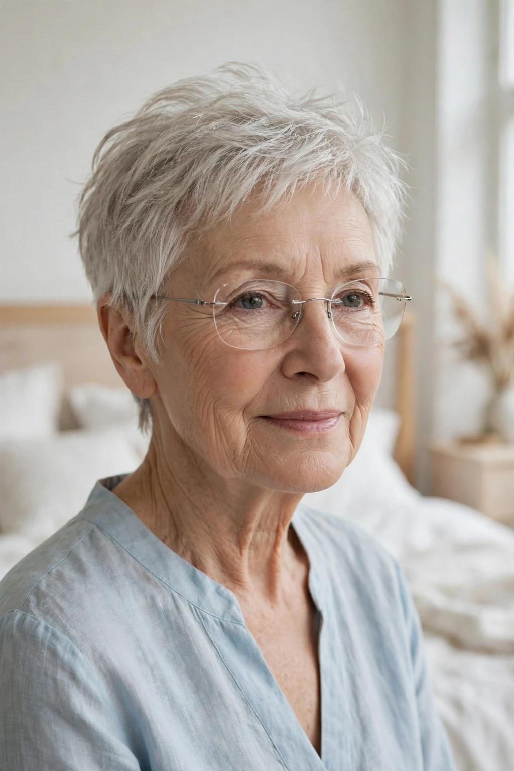 Elegant older woman over 70 with fine hair and glasses and airy short cut, light feathered texture, fresh light.