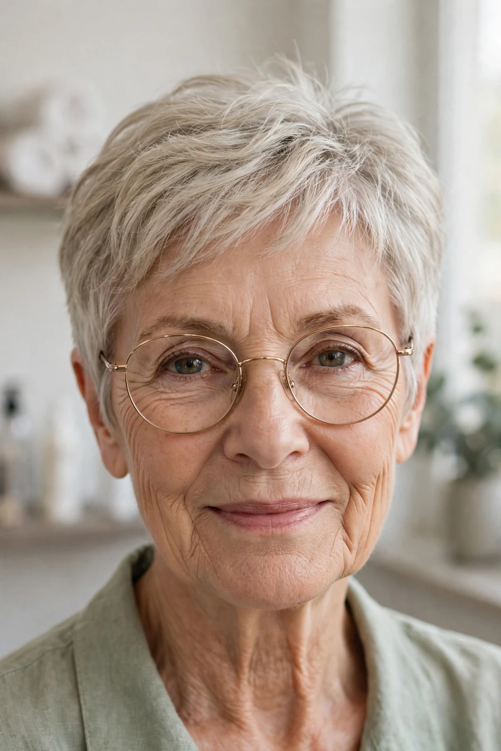 Elegant older woman with glasses and airy short cut, light feathered texture, fresh light.