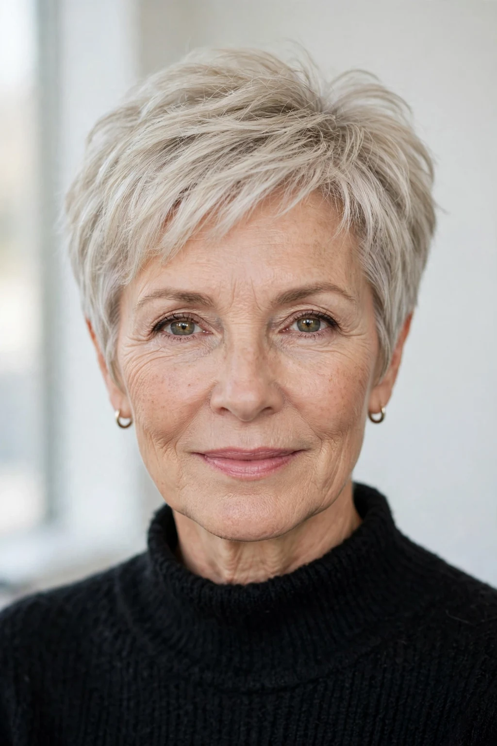 Elegant older woman over 50 with airy short cut, light feathered texture, fresh light.