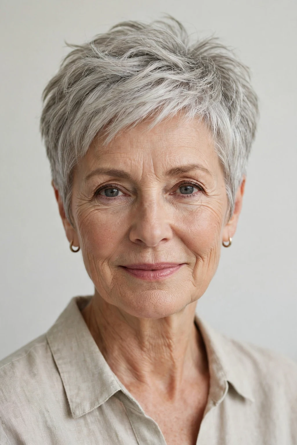 Elegant older woman over 60 with airy short cut, light feathered texture, fresh light.