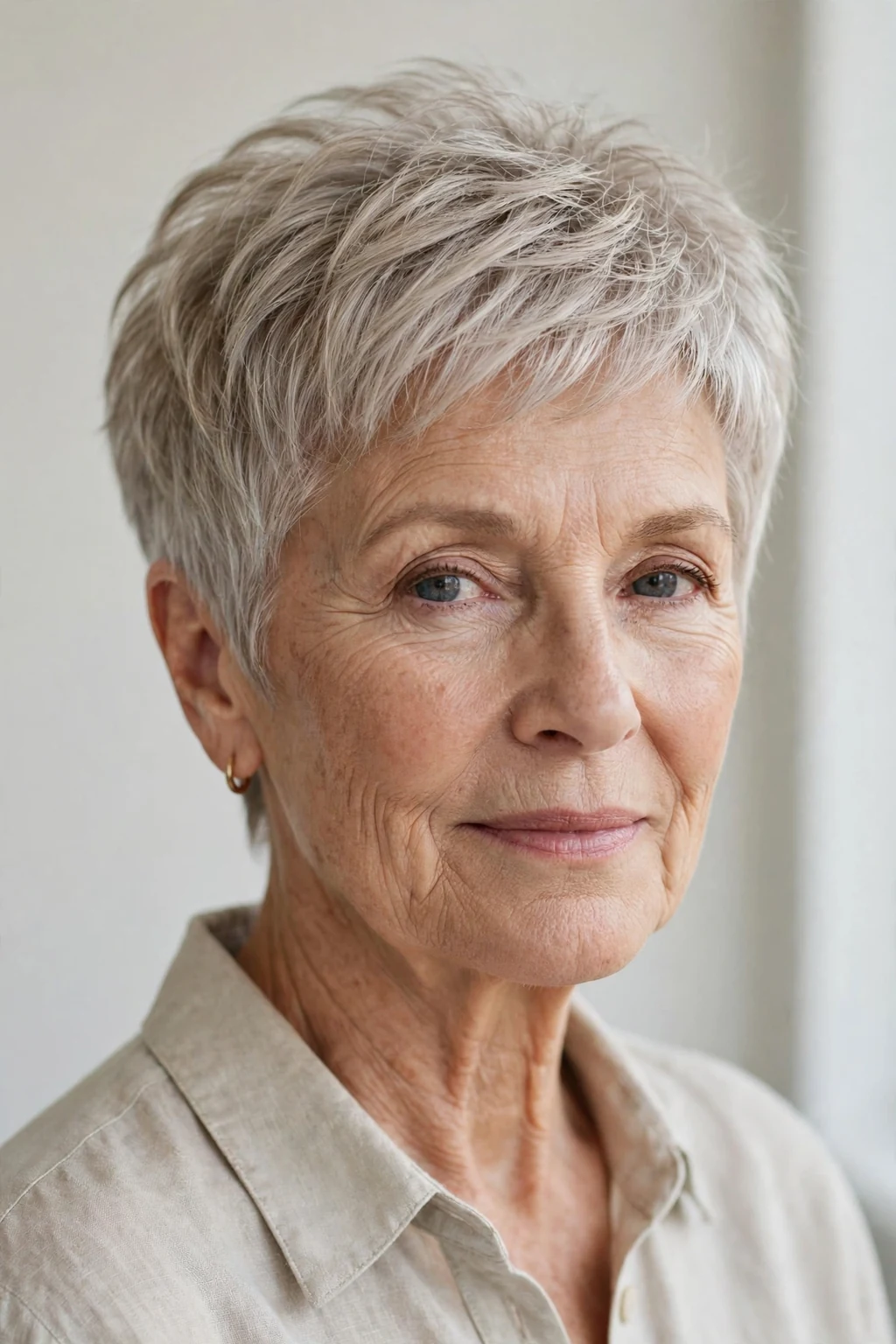 Elegant older woman with airy short cut, light feathered texture, fresh light.