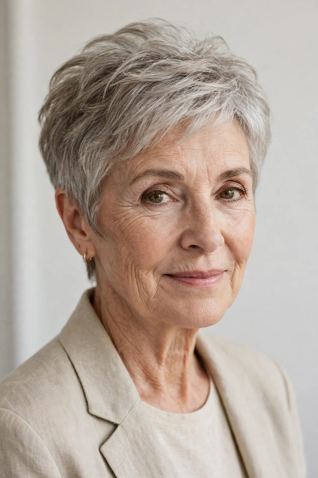 Elegant woman over 60 with airy short cut, light feathered texture, fresh light.