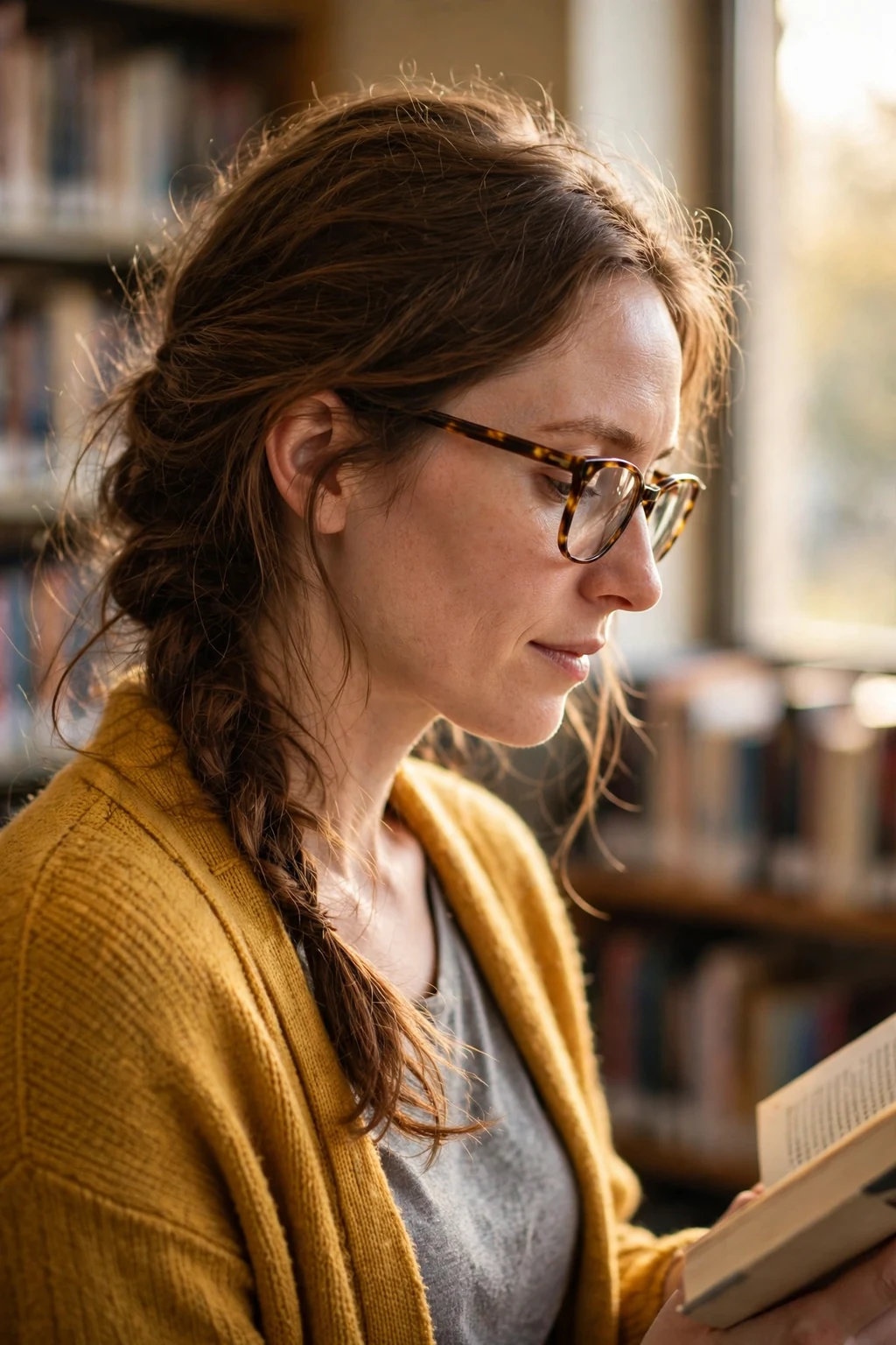 A young woman with an airy side braid draped over one shoulder, reading in a sunny library wearing a mustard cardigan.