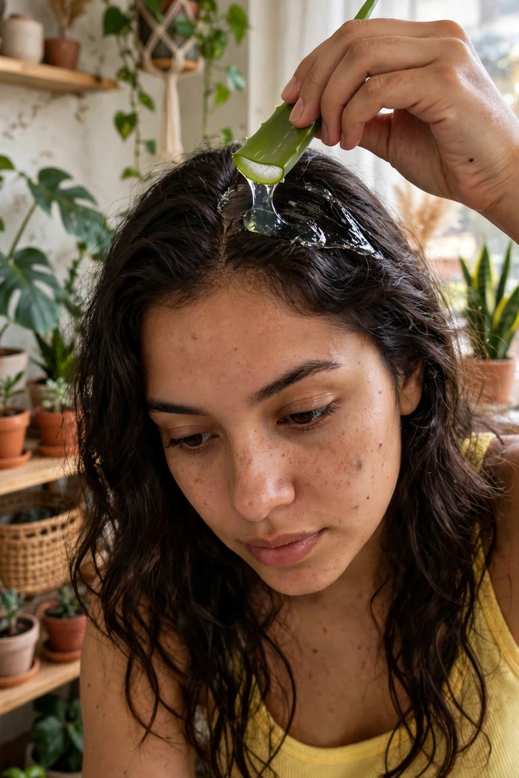 A young Latina woman with wavy dark brown hair applying fresh aloe vera gel to her scalp from a cut aloe leaf in a sunny plant-filled apartment.