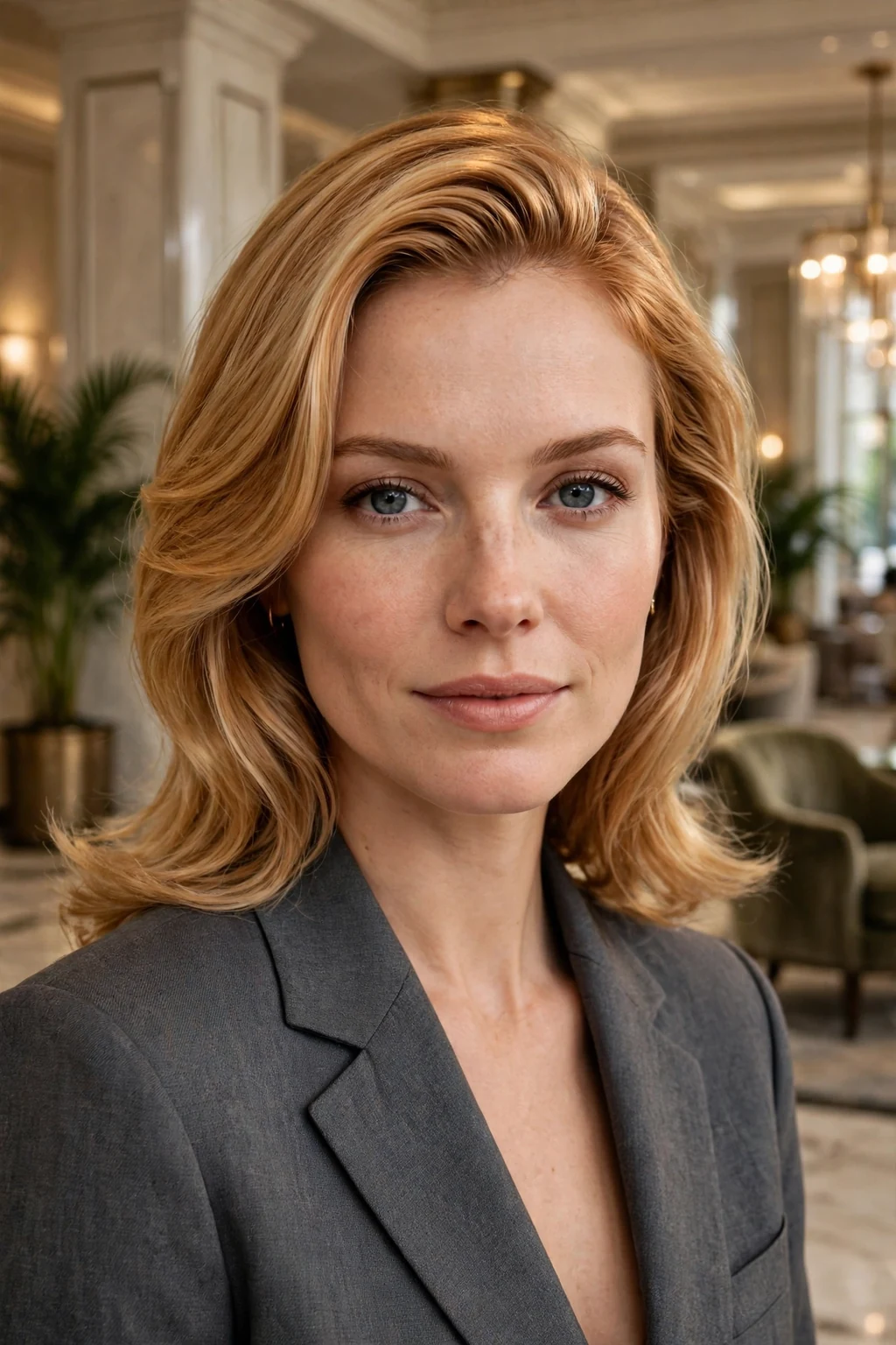 Young woman with amber blonde shine hair in a polished blowout, wearing a gray suit in a hotel lobby.