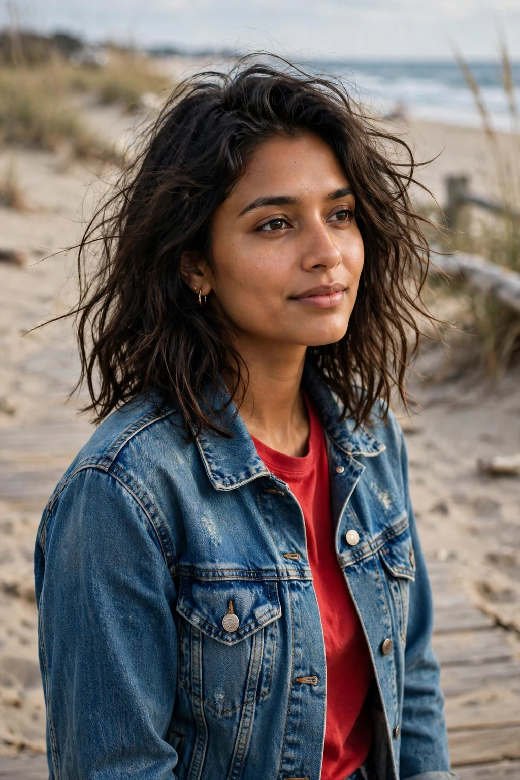 Young woman with loose Americana beach waves and a denim jacket at the beach.
