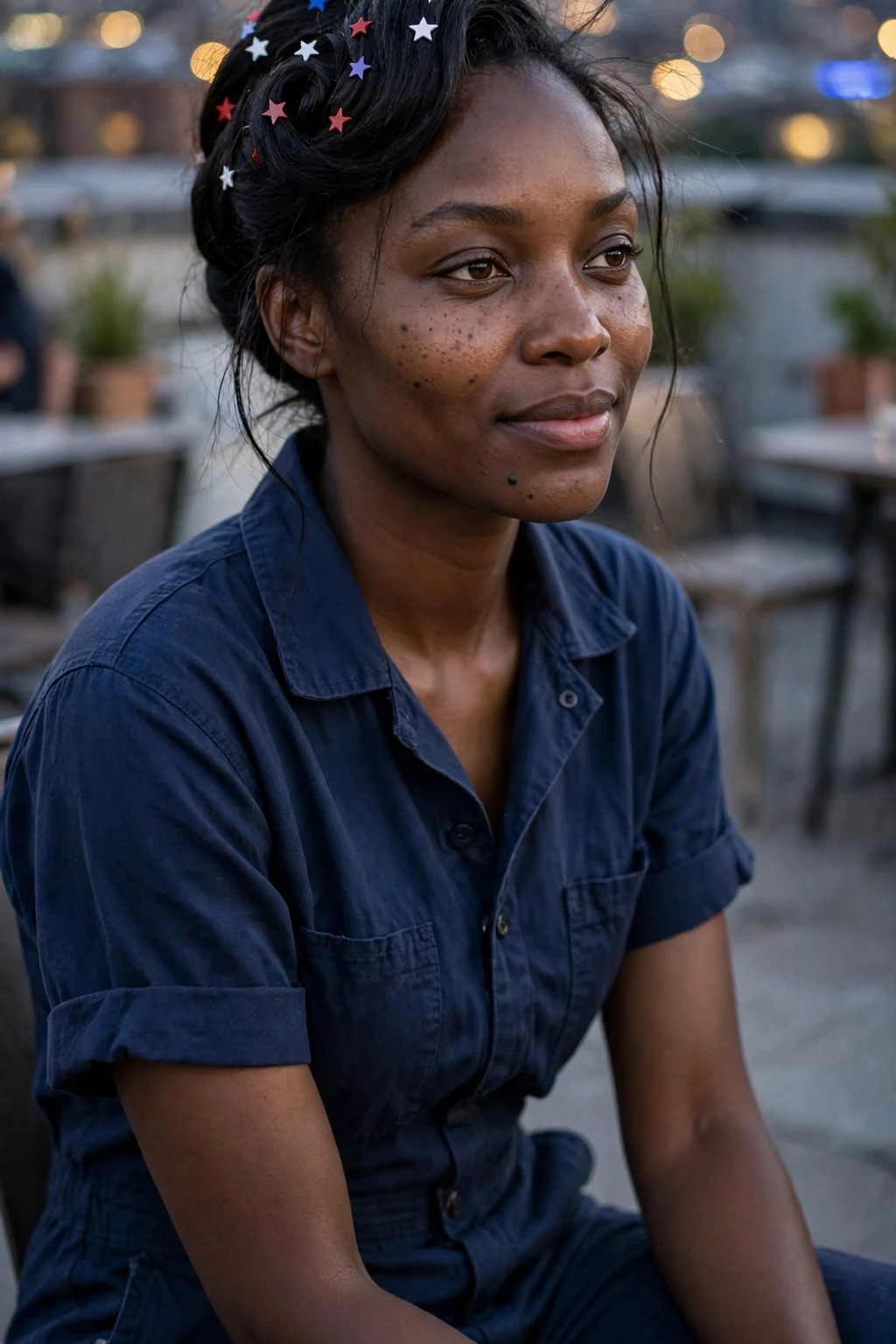 Young woman with an Americana French twist decorated with star pins at a summer evening party.