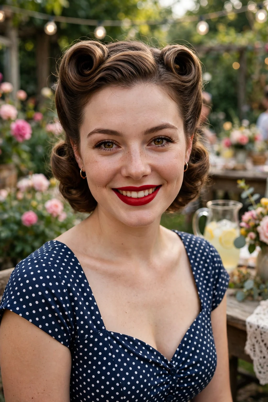 Young woman with vintage victory rolls and red lipstick at a retro-themed party.