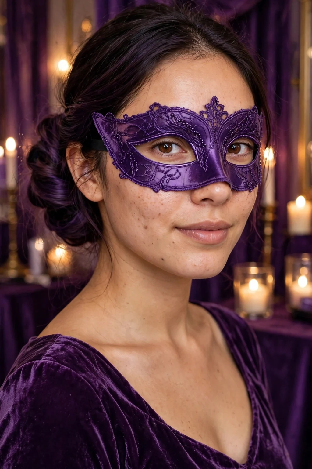 Young woman with a low chignon tinted deep amethyst and a purple masquerade mask in a velvet-draped salon.