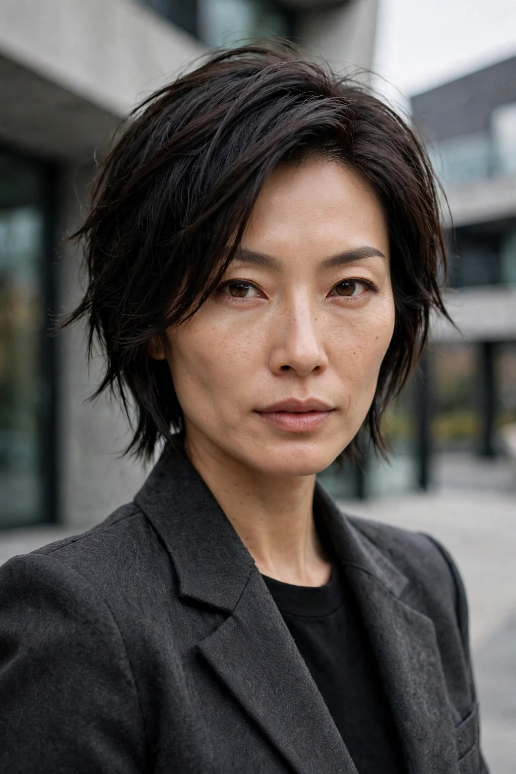 Beautiful woman with angled layered cut, sharp angled layers, bold light.