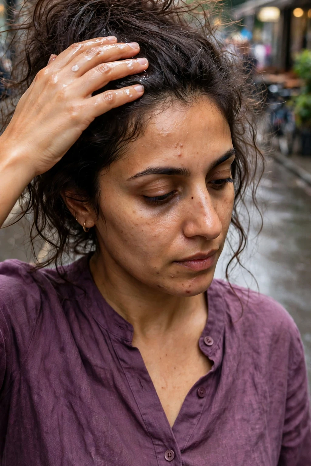 A young Middle Eastern woman with thick frizzy dark brown hair smoothing anti-frizz serum through her hair on a humid city street.