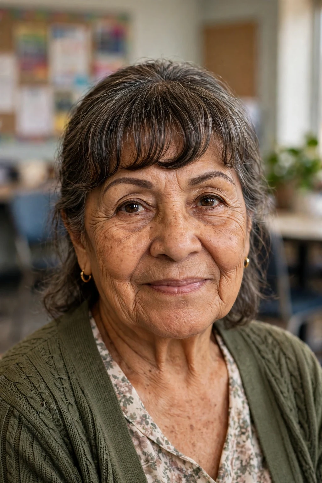 Beautiful older woman with arched bangs, flattering arched bangs, balanced light.