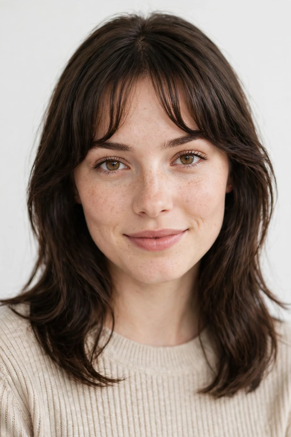 Beautiful woman with arched bangs, flattering arched bangs, balanced light.