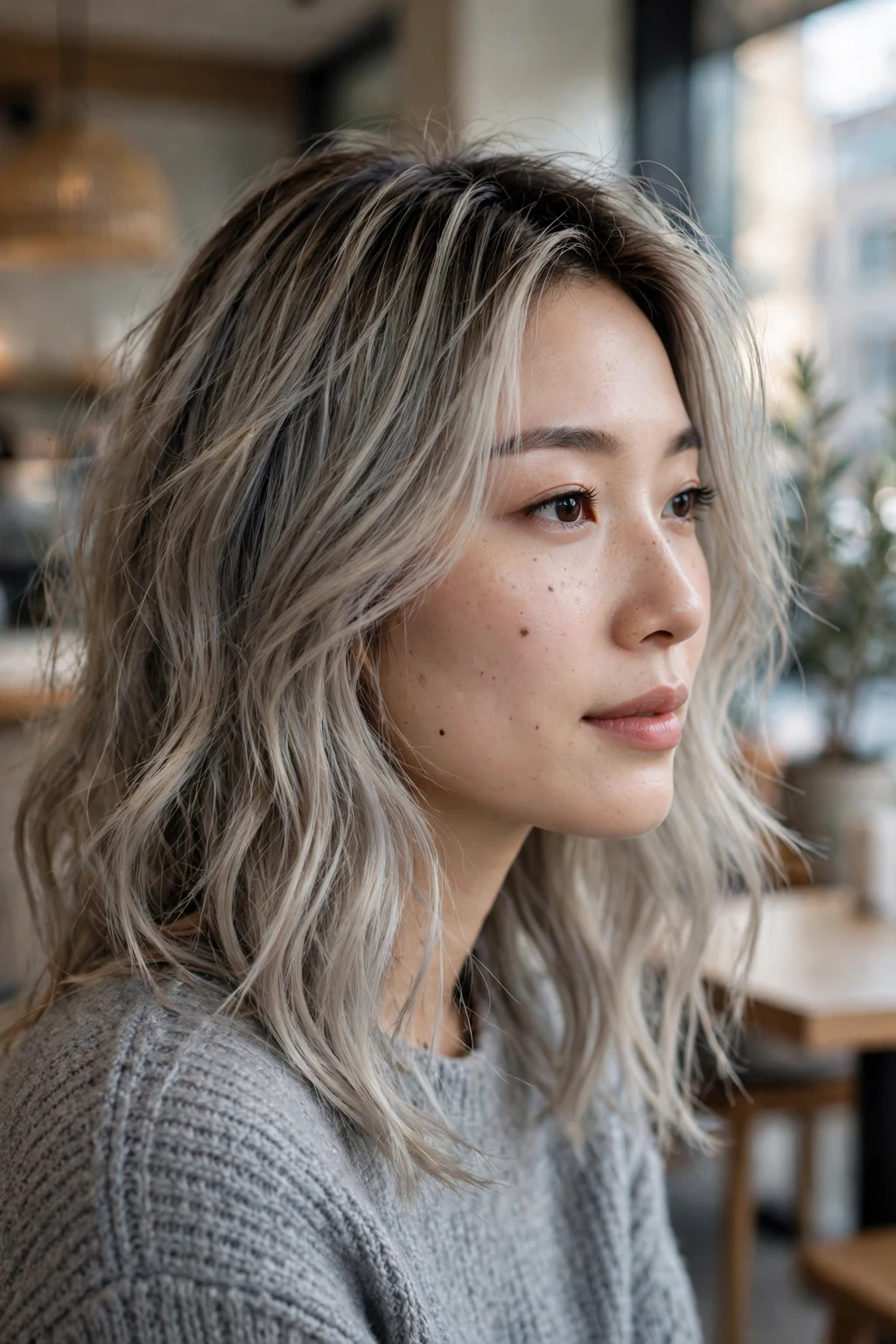 Beautiful woman with ash blonde balayage, cool ash blonde balayage, soft light.